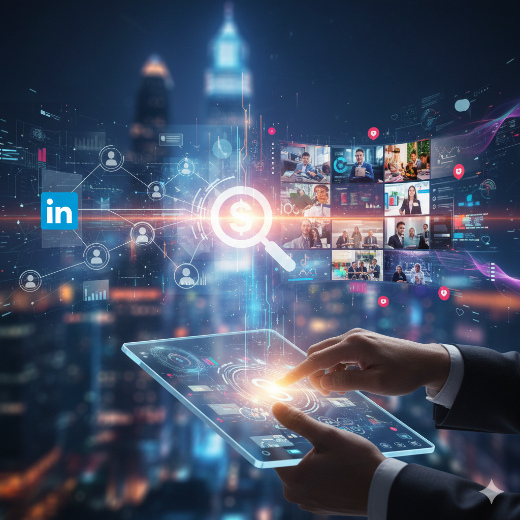 Digitale Visualisierung von Social Search SEO mit Fokus auf B2B Sichtbarkeit durch TikTok SEO und LinkedIn Suche auf einem Tablet.