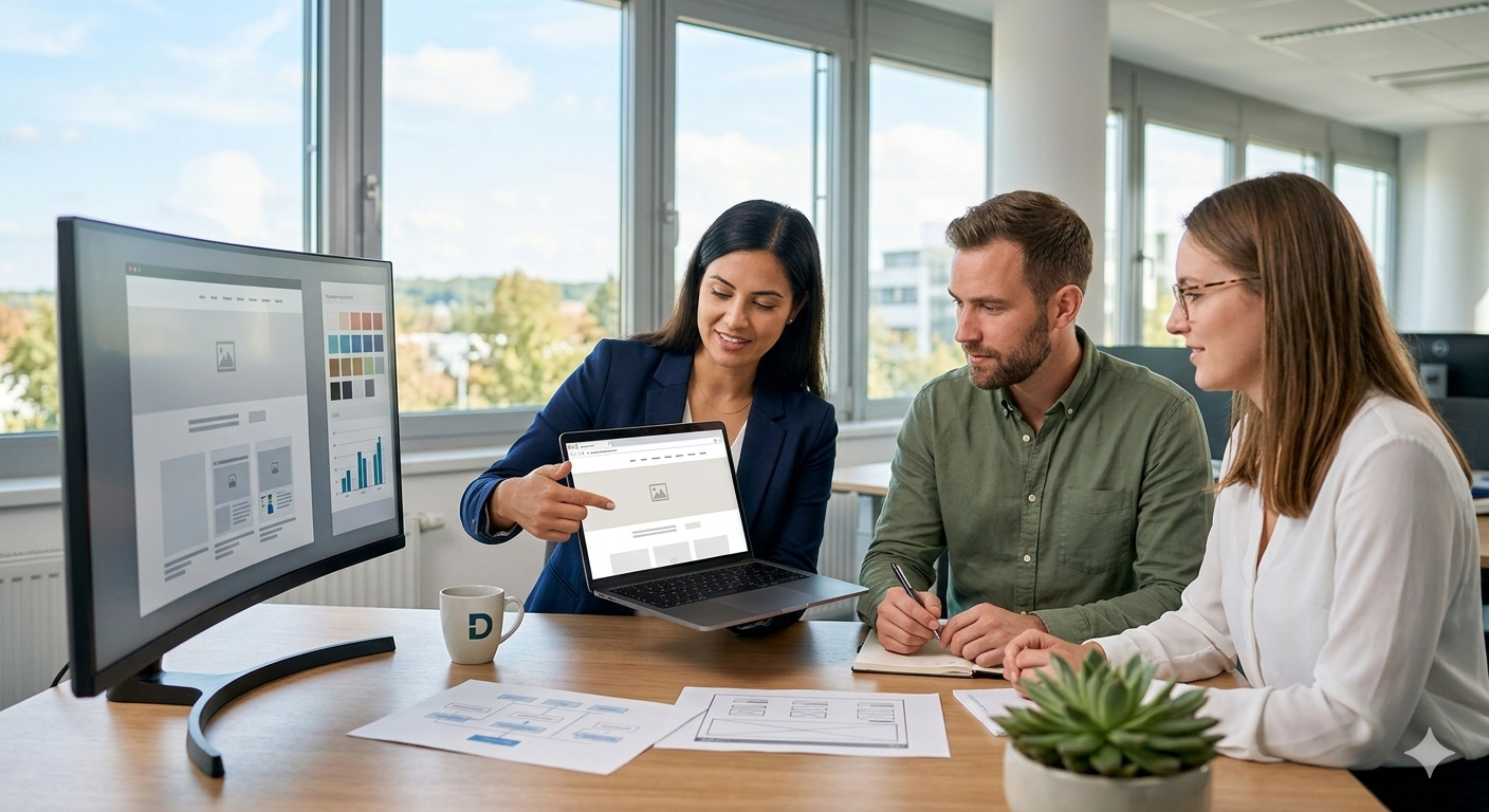 Webseite mit WordPress bauen Anleitung Ein Team in einem hellen Büro arbeitet gemeinsam an einem Laptop und einem großen Monitor an der Erstellung einer Webseite mit WordPress.