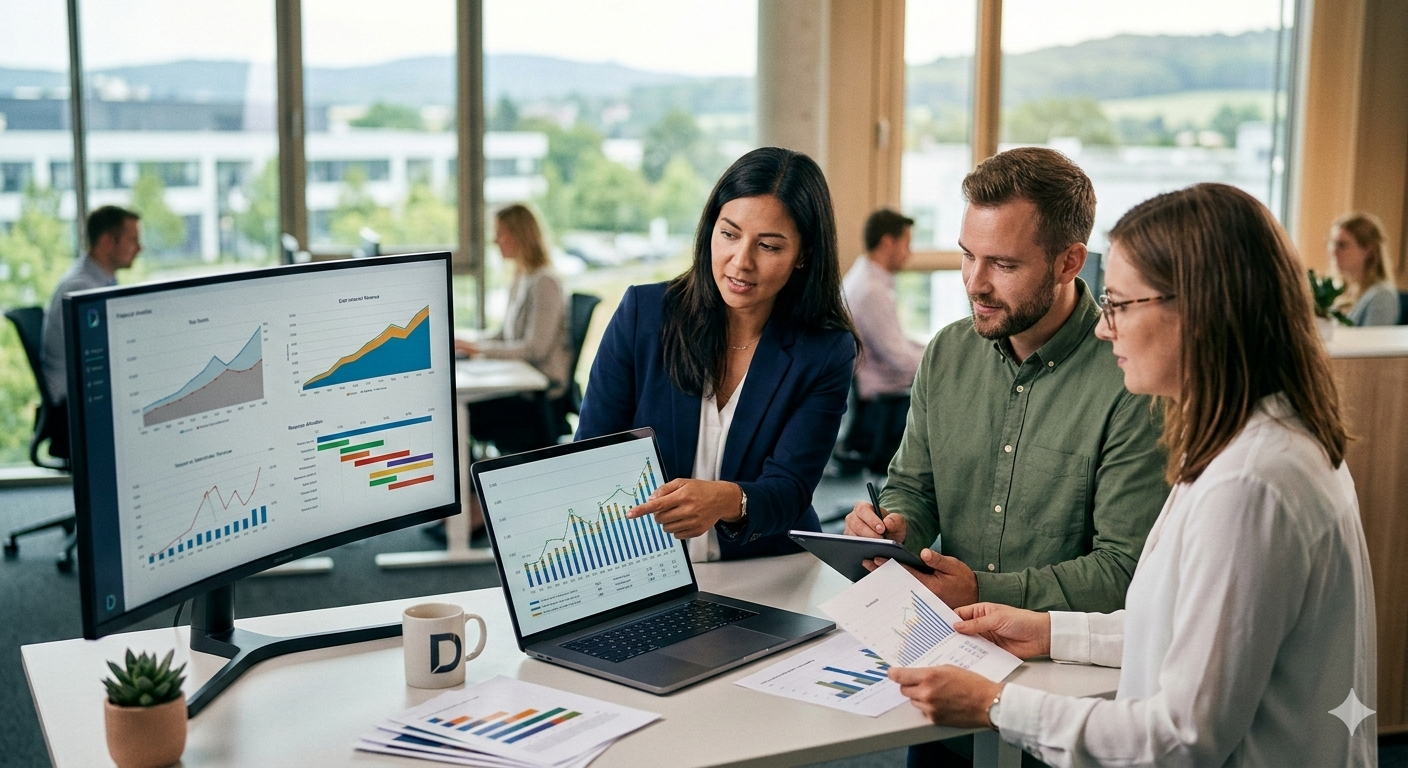 Odoo Kostenstellenrechnung Projektcontrolling Team in einem modernen Büro analysiert Projektcontrolling-Daten am Laptop und Monitor für eine effiziente Odoo Kostenstellenrechnung.