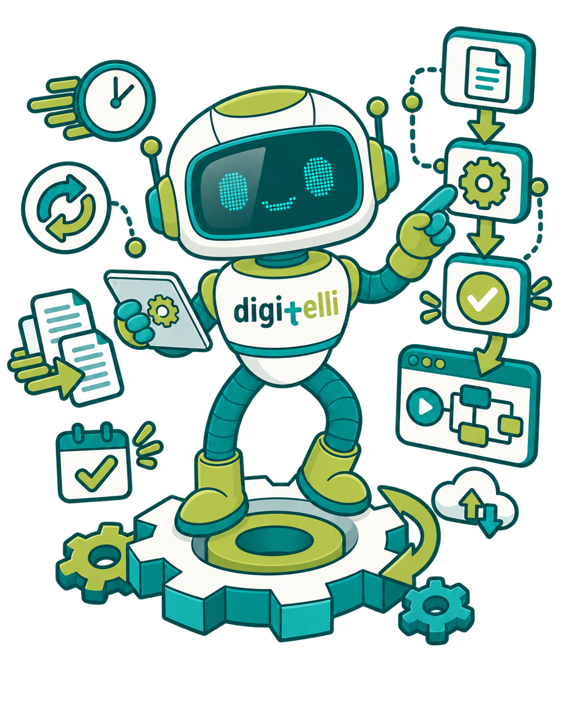 Digitelli KI-Roboter als Maskottchen für Digitalisierung, Automatisierung und moderne Technologien
