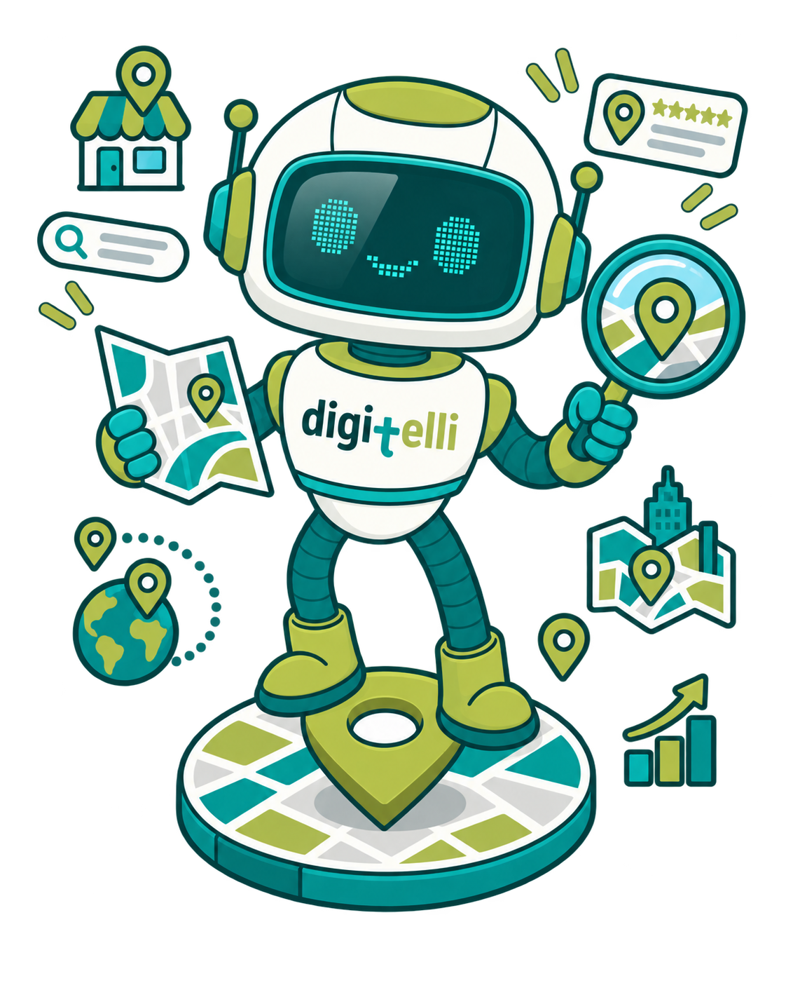 Digitelli KI-Roboter als Maskottchen für Digitalisierung, Automatisierung und moderne Technologien