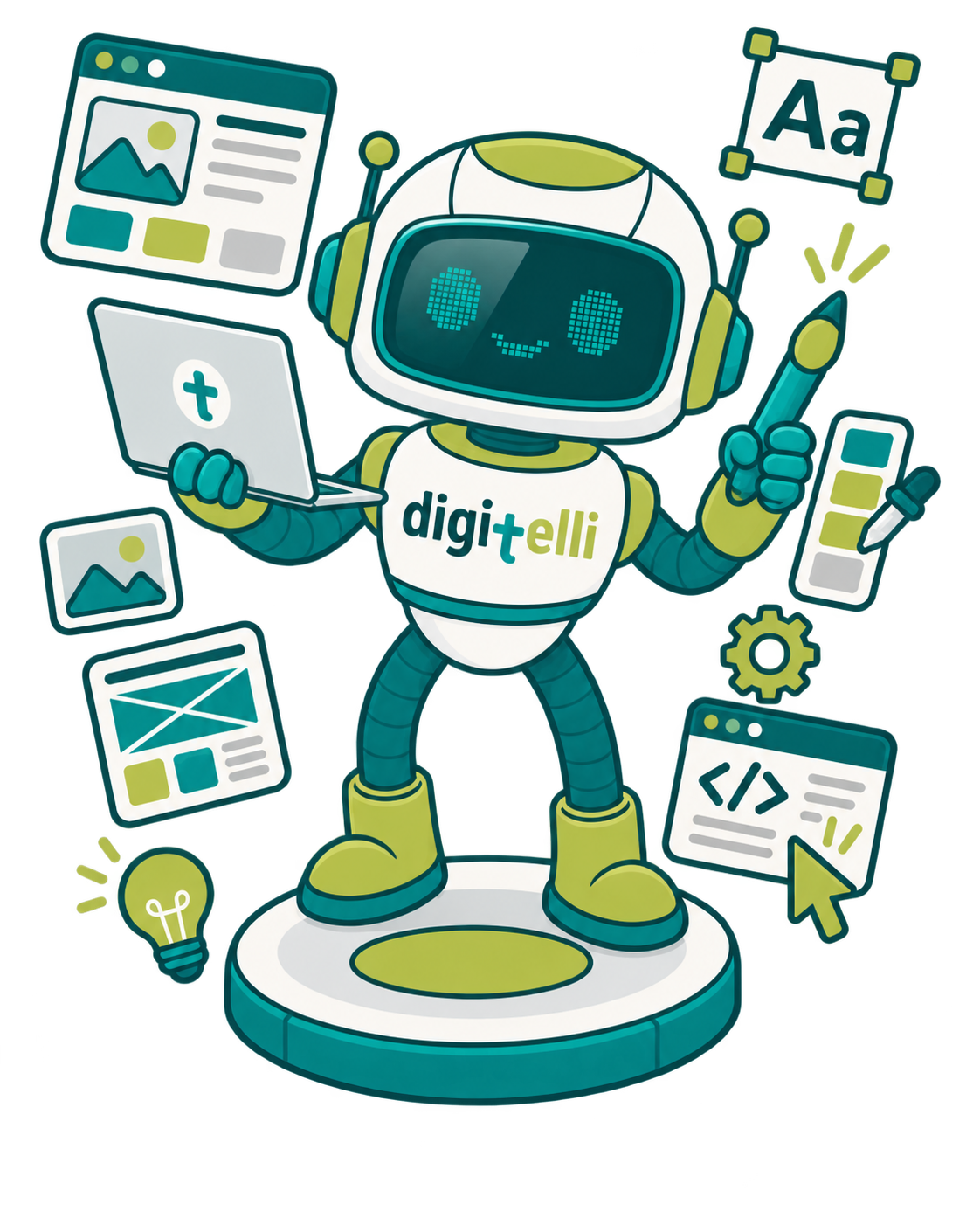 Digitelli KI-Roboter als Maskottchen für Digitalisierung, Automatisierung und moderne Technologien